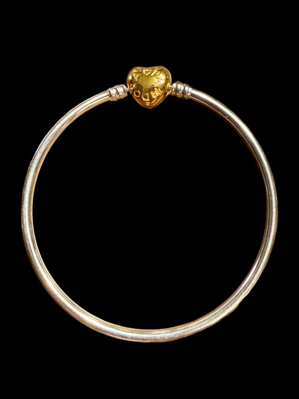 Authentic Pandora Gold Heart Clasp Silver Bangel Bracelet - Size 7.5/19cm - MINT